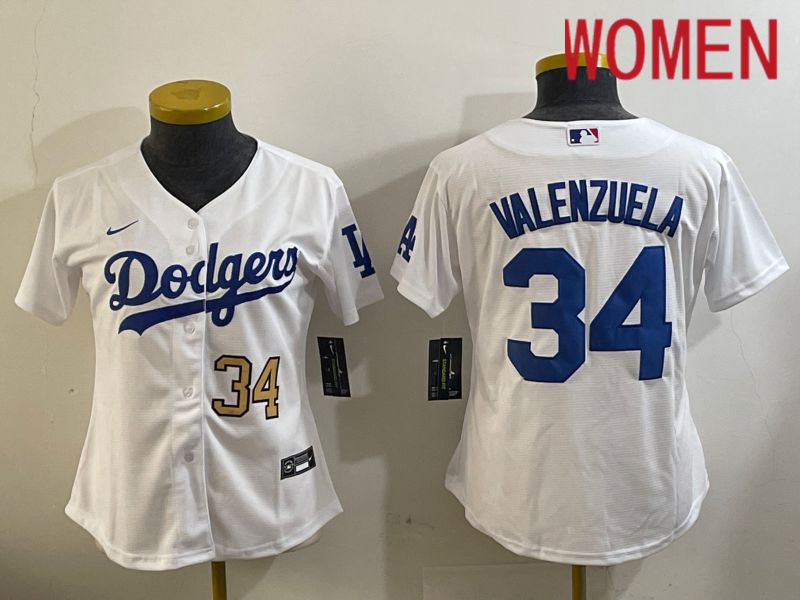 Women Los Angeles Dodgers #34 Valenzuela White Game 2024 Nike MLB Jersey style 11203->women mlb jersey->Women Jersey